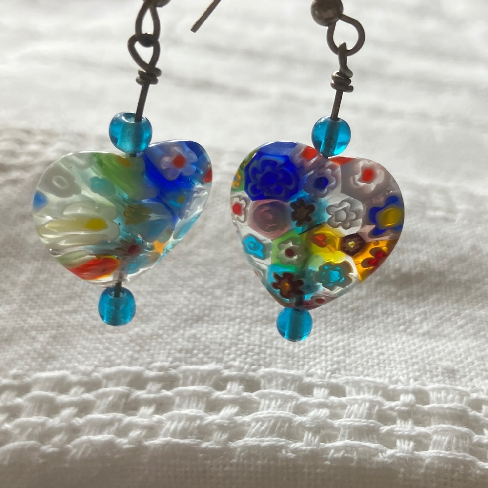 Vintage Colorful‎ Heart-Shaped Hook Earrings with Blue Beads